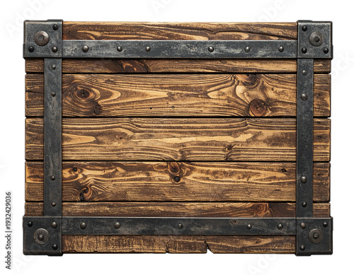 Old wooden sign with metal frame isolated PNG, rustic wood plank board for medieval fantasy game asset on transparent background