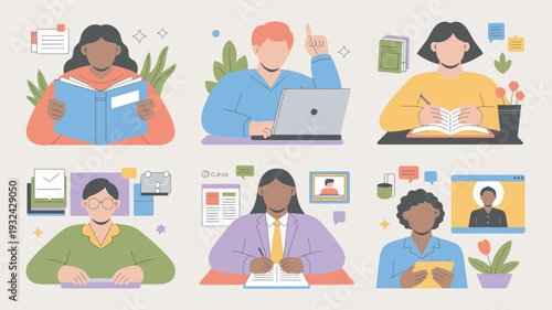 A diverse group of people engaged in online learning and education with laptops and books in a colorful illustration