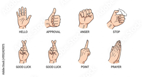 Various hand gestures representing different meanings and concepts in life.