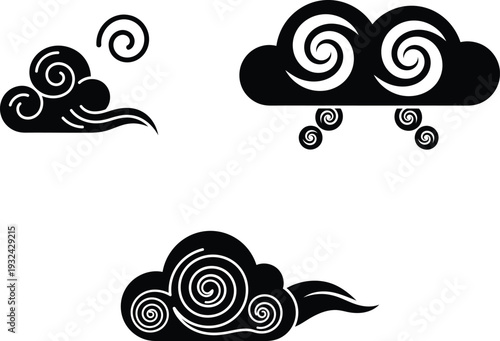 black and white illustration of swirling stormy clouds