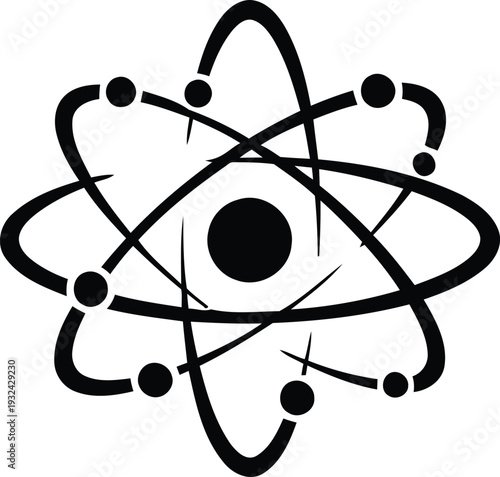 Black and white illustration of an atom structure with electrons orbiting nucleus