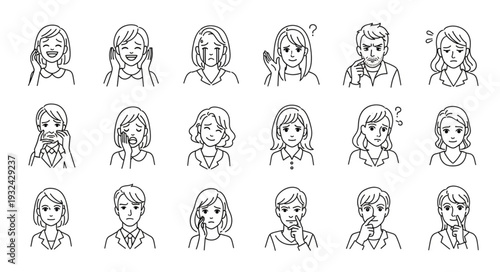 Collection of various hand drawn portraits showcasing diverse human emotions and expressions.