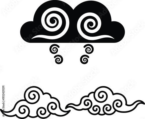 Black and white illustration of swirly clouds and raindrops in the sky