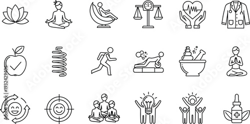 Set of wellness and healthcare outline icons including meditation yoga fitness medical symbols isolated on white background vector