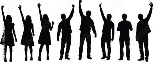 Group of cheering people silhouettes, men and women raising hands in celebration, black isolated vector illustration