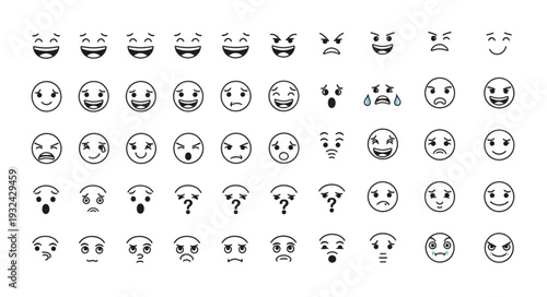 Collection of various black and white emoji faces expressing different emotions and feelings.