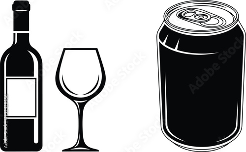black and white illustration of wine bottle glass and soda can
