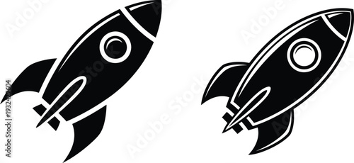 black and white illustrations of rockets flying upwards side by side