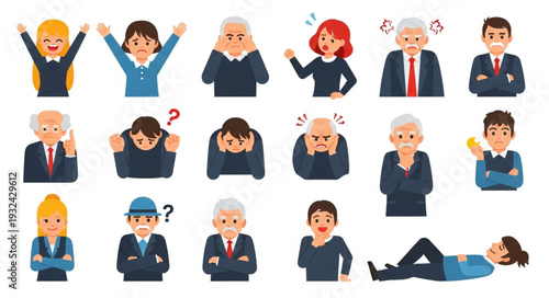 Diverse collection of business people expressing various emotions and feelings in different poses.