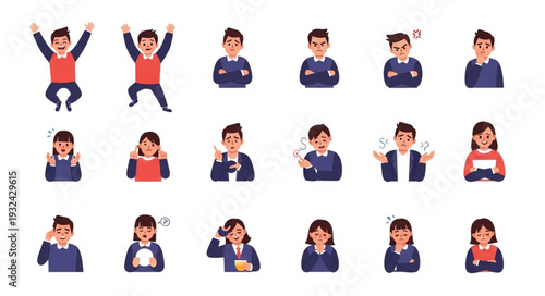 Diverse collection of business people expressing various emotions and feelings in a set.