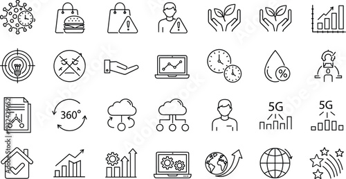 Modern business technology and healthcare line icon set with analytics growth sustainability digital network vector illustration collection