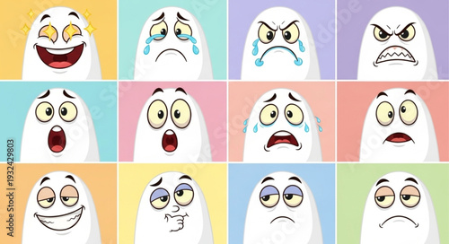 Collection of cartoon ghost characters with various facial expressions and emotions displayed.