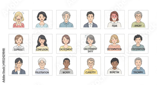 Diverse group of illustrated people portraits showcasing various emotions and expressions.