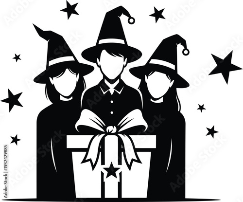 Black silhouette of three witches standing behind a gift box with a bow and surrounded by stars