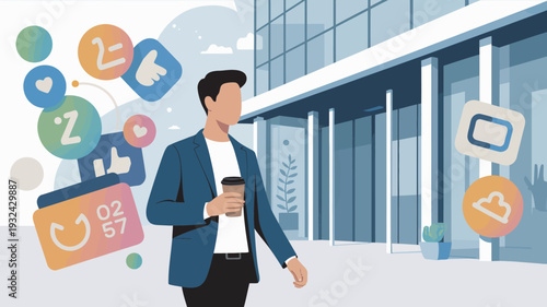 A young professional man walking outside a modern office building with social media icons floating around him