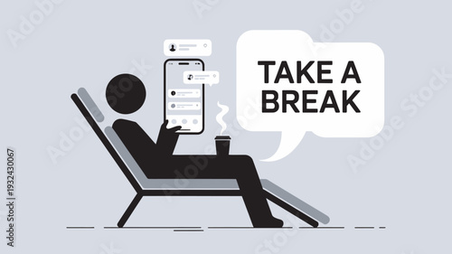 A person relaxing in a chair with a phone and a cup of coffee, taking a break from work or daily activities.