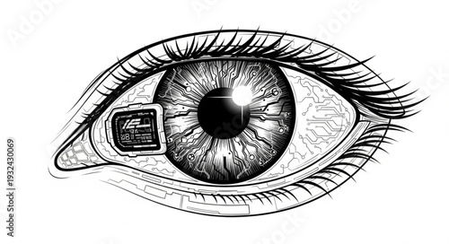 Detailed illustration of a human eye with a technological implant, concept art.