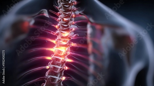 Spinal structure with highlighted areas showing nerves and potential pain points in human anatomy