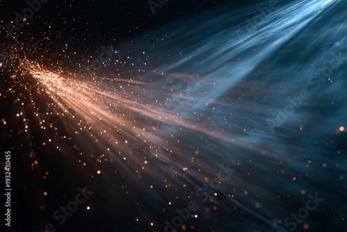 Light and particles move through the dark space during an artistic display in a creative setting in the evening