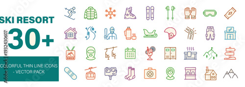 Collection of colorful icons representing various ski resort activities and services displayed together in a visually appealing grid layout
