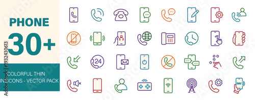 Collection of colorful thin line icons representing phone and communication on a clean white background viewed from directly above
