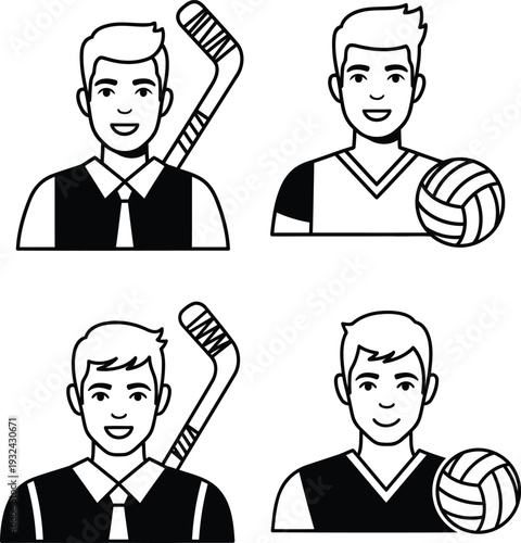 Four cartoon men holding sports equipment smiling  volleyball and hockey stick