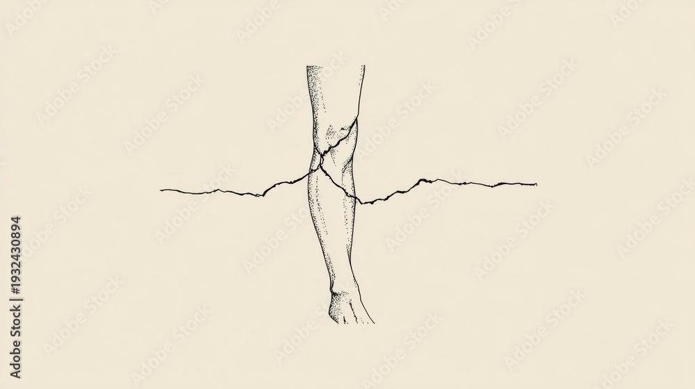 Fototapeta premium Minimal Line Drawing of Knee Joint Showing Fracture Line Intersecting the Joint to Represent Injury and Healing Process