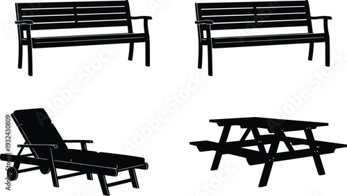 Outdoor furniture silhouettes including benches lounge chair and picnic table