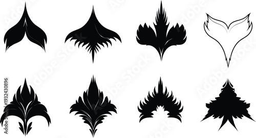 Set of abstract leaf and feather shapes in black and white for design