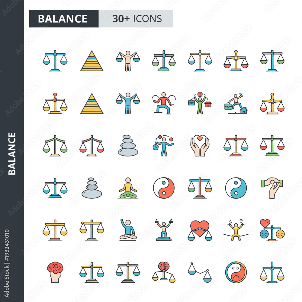 Fototapeta premium Collection of thirty balance icons featuring scales, yin yang, and harmony symbols in various styles on a white background viewed from directly above.