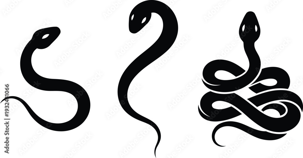 Fototapeta premium set of black snake silhouettes in different poses on white background