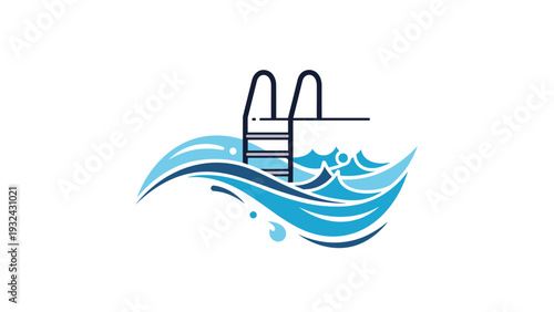 Stylized swimming pool illustration showing pool ladder amidst blue ocean waves representing summer vacation and aquatic leisure.