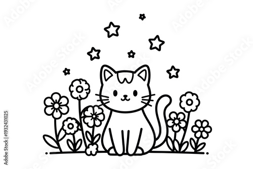 Whimsical cat in a field of flowers under starry sky