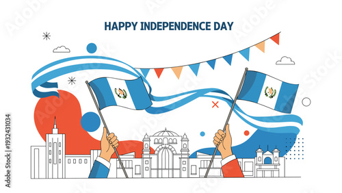Guatemala Independence Day celebratory illustration featuring national flags, historical city skyline, and festive decorations on white background.