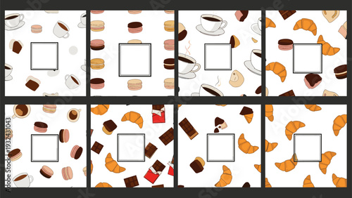 Set of seamless pattern designs featuring assorted pastries, coffee cups, croissants, macarons, and chocolates for cafe branding.