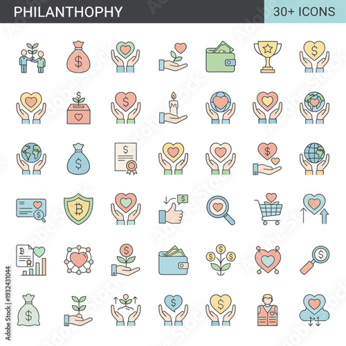 Collection of philanthropy icons representing charity, donation, volunteering, kindness, generosity in a grid layout