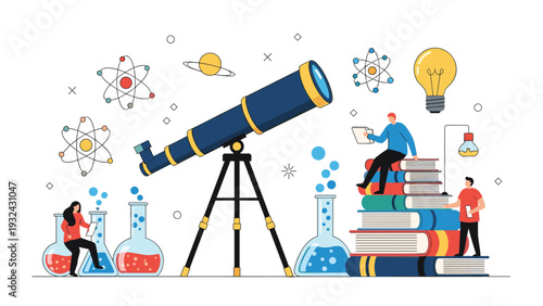 Science and research concept showing people using telescope, laboratory flasks, and books for astronomical and chemical discoveries.