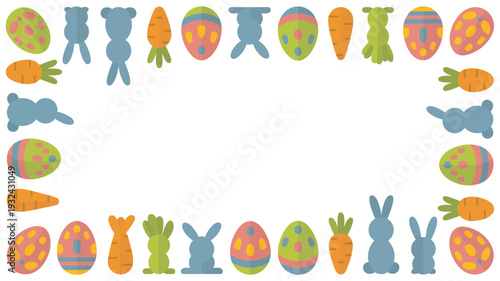 A colorful Easter-themed border of eggs, bunnies, and carrots on a white background for decoration or design