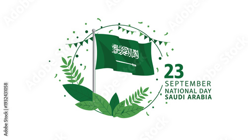 Saudi Arabia National Day celebratory illustration featuring national flag on flagpole surrounded by green leaves and festive garlands.