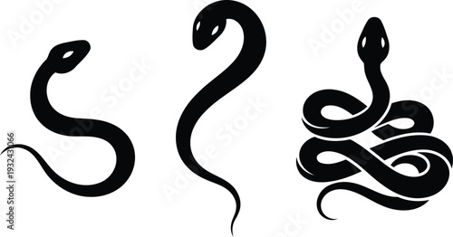 set of black snake silhouettes in different poses on white background