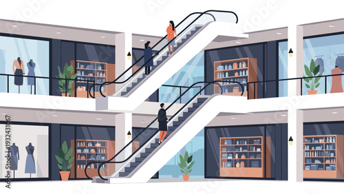 Modern shopping mall interior with people on escalators and various retail stores in a vibrant flat vector architectural illustration.