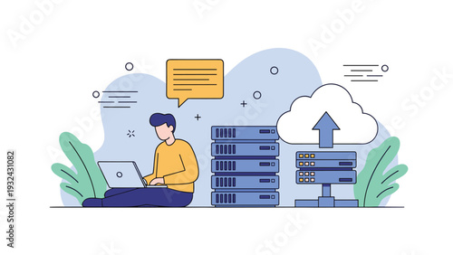 Man working on laptop near server racks and cloud upload symbol representing modern data storage and cloud computing networking services.