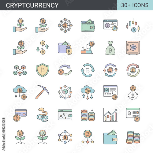 Collection of cryptocurrency icons representing various digital finance concepts and security features in a modern flat design