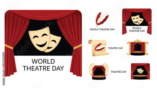World Theatre Day celebration collection featuring red stage curtains and drama masks in various compositions for performance art events.