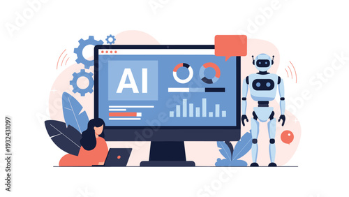 Artificial intelligence and robotics concept showing a woman working with a robot assistant and digital dashboard in a modern tech office space.