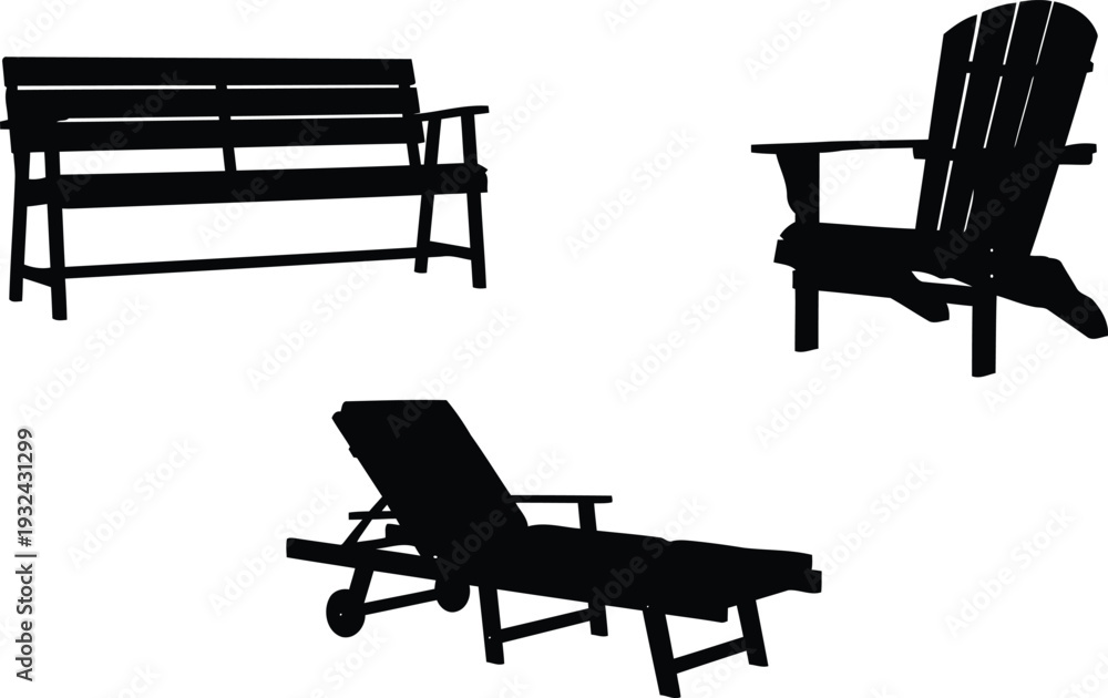 Fototapeta premium Silhouette of outdoor furniture set including bench chair and chaise lounge