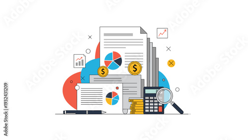Financial planning and accounting concept showing business documents pie charts coins a calculator and a magnifying glass for data analysis.