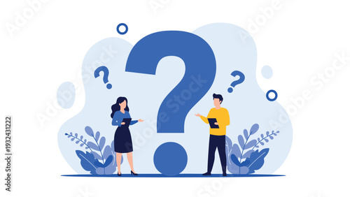 Man and woman standing next to a giant blue question mark while holding tablets symbolizing research inquiry and collective problem solving.