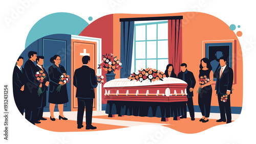 Somber funeral ceremony scene with mourning people in black clothing gathered around a flower covered coffin in a church or funeral home.