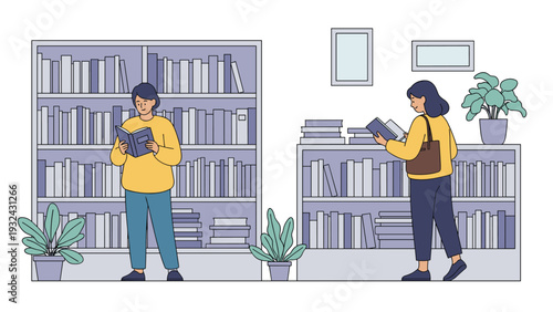 Two women browsing and reading books in a quiet library or bookstore with tall bookshelves and indoor plants in a calm educational environment.